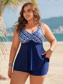 Swim Lushoire Plus Size Women Random Print Patchwork Tankini Swimsuit, Slimming & Modest Coverage For Beach, Pool, Vacation - Multicolor - View 3