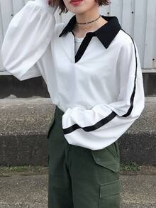 FRIFUL 女士宽松版型 Polo 领长袖撞色缎带拼接 T 恤 - 白色 - 查看 3