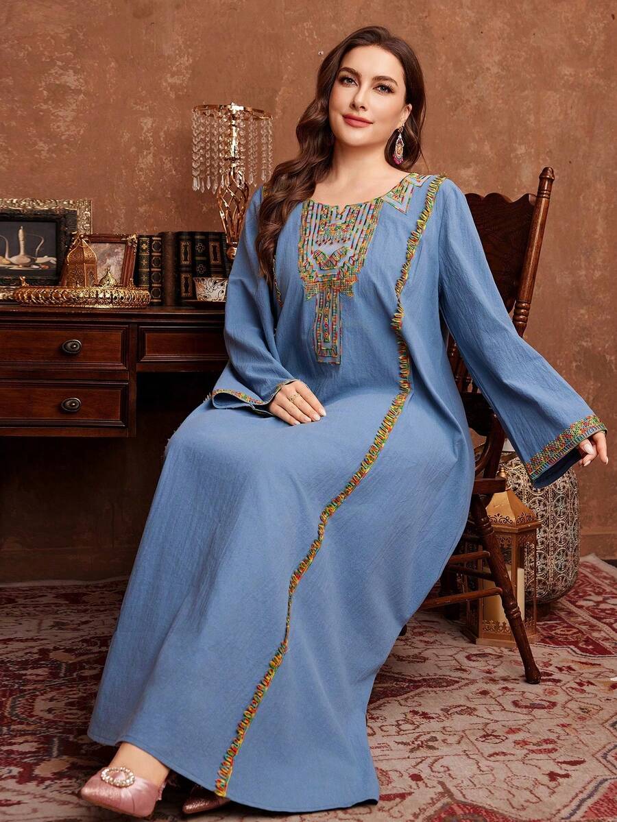 Al Najma Áo tunic Thổ Nhĩ Kỳ và Abaya truyền thống Ả Rập dành cho nữ, màu trơn, cổ thêu, tay dài, dáng rộng, phù hợp cho mùa xuân/thu, cỡ lớn. - Nhiều màu - Xem 1