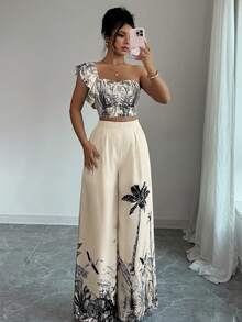 Elenzga Conjunto de 2 piezas con top de un hombro y pantalones de pierna ancha con estampado floral para mujer - Multicolor - Ver 3