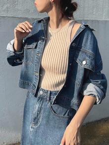 FRIFUL 女士秋季落肩长袖单排扣牛仔夹克和牛仔迷你裙休闲套装 - 藍色 - 查看 5