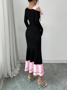 Elenzga Women's Contrast Color Bow Tie Long Sleeve Dress - Pink - View 2