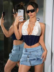 SHEIN ICON Women's Y2k Fashionable Sexy Lace Patchwork Open Back Halter Denim Top - Dark Wash - View 5