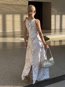 DAZY Đầm maxi không tay in hoa, thắt eo, trang phục nghỉ dưỡng thanh lịch dành cho nữ, đầm maxi mùa xuân/hè. - Màu be - Xem 2