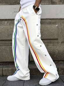 Manfinity 男士撞色条纹印花斜插口袋抽绳腰休闲裤 - 白色 - 查看 1