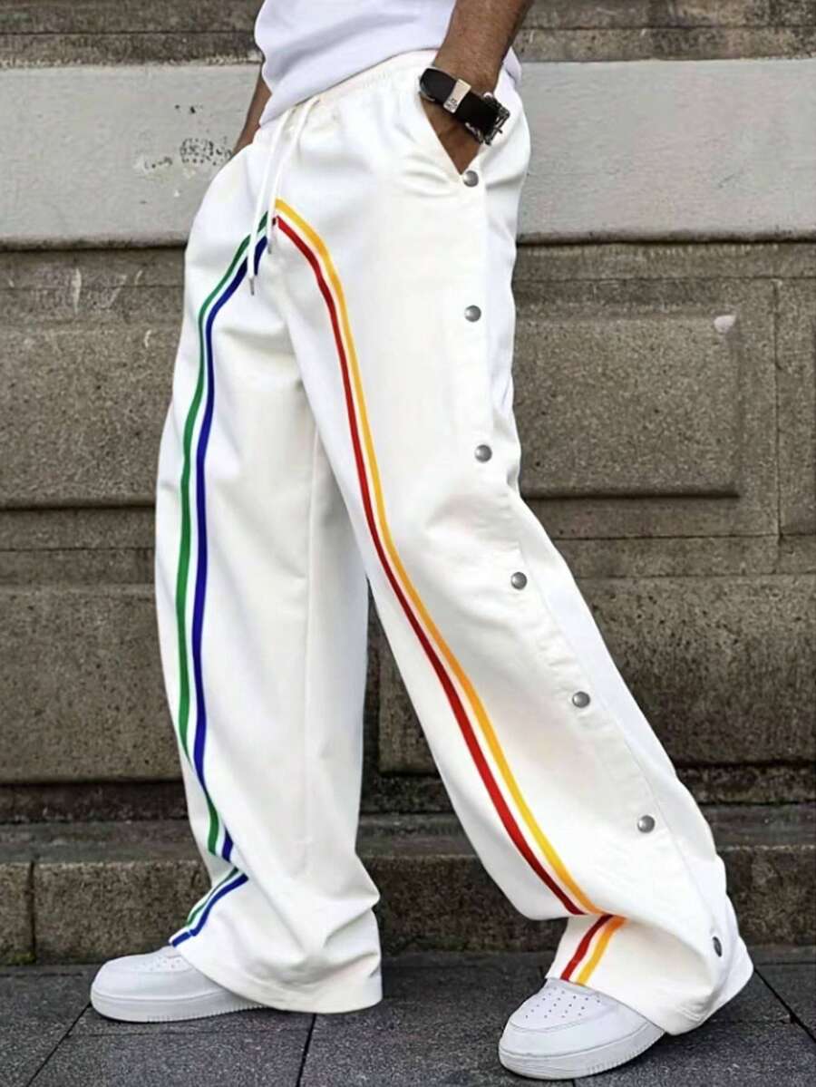 Manfinity 男士撞色条纹印花斜插口袋抽绳腰休闲裤 - 白色 - 查看 1