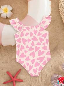 SHEIN Cream Ruffle & Glitter Pink, Cute Heart Toast Texture Print, Baby Girls Casual Minimalist Fitted One-Piece Swimsuit, Suitable For Summer - Multicolor - View 2