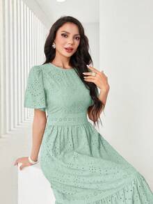 Modelyn Elegant Summer Solid Color Hollow Out Embroidery Lilac Dress Maxi Women Outfit - Mist Green - View 5