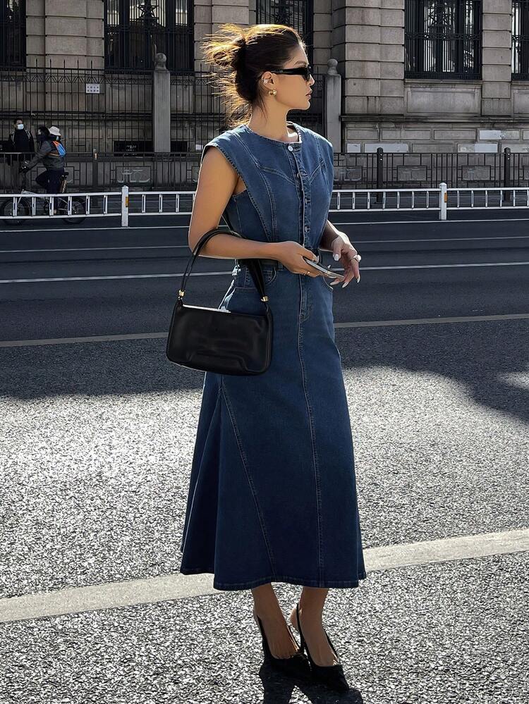 Women's Round Neck Sleeveless Waist Fitted Mermaid Maxi Denim Dress