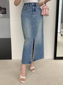 DAZY Women's Casual Rhinestone Embellished Straight Cut Slit Denim Skirt, Spring/Summer - Blue - View 8