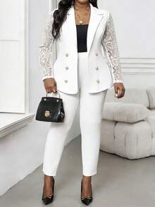 SHEIN Lady Bộ vest nữ cỡ lớn, cổ chữ V, hai hàng cúc, phối ren, gồm áo khoác và quần, thích hợp mặc đi làm. - trắng - Xem 4