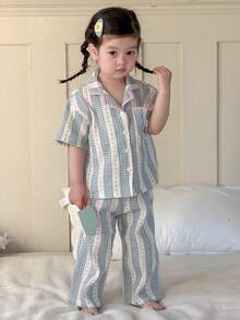 DAZY 2pcs/Set Toddler Girls' Fresh Korean Style Shirt And Pants Pajama Set - Baby Blue - View 7