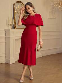 Amorya 女士优雅端庄红色圆领披肩袖中长连衣裙 - 紅色 - 查看 3