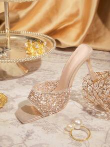 CUCCOO TILAWA 香槟色水钻装饰方头透明绑带套脚高跟凉鞋，时尚、迷人、性感，女士派对高跟鞋 - 香檳色 - 查看 3