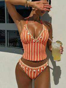 Swim Chiccia 女士夏季沙滩条纹吊带性感坦克背心泳装套装 - 橘色 - 查看 2