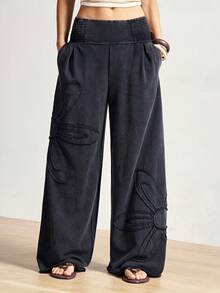 Bohemela Pantalones anchos de mujer de punto de unicolor casual con aplicación floral - Negro - Ver 5