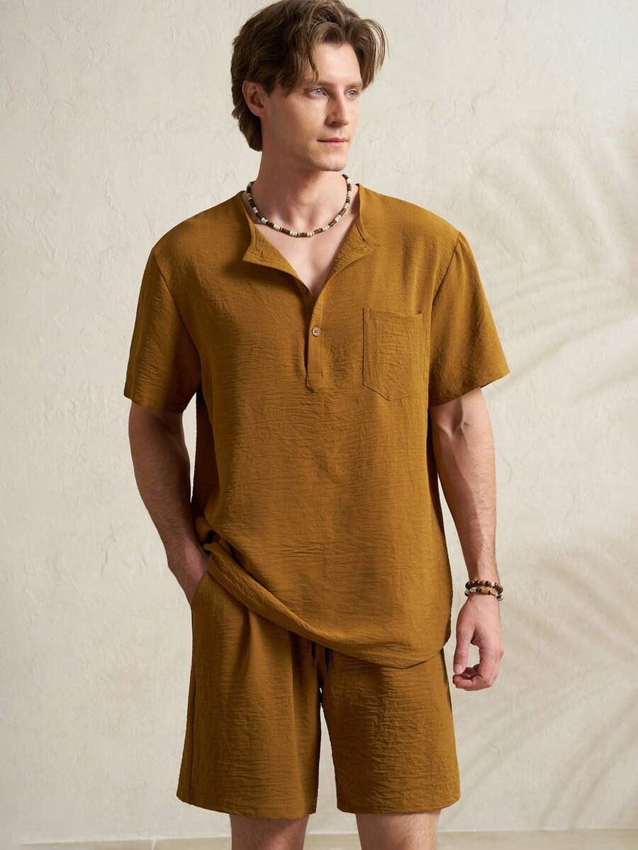 Airaco 男士纯色短袖衬衫和斜插口袋短裤夏季套装 - 卡其色 - 查看 1