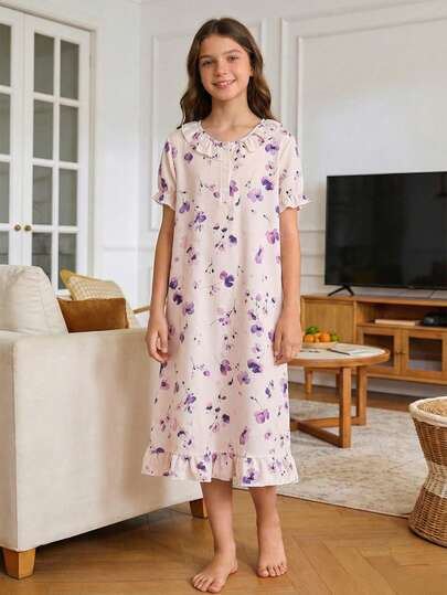 Vestido de cárdigan con cuello de solapa, estampado de corazones y lazos de crepé burbujeado con puños con volantes para niñas, ropa de dormir ligera y cómoda, primavera/verano
