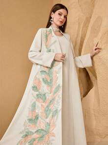 SHEIN Najma 两件套女士优雅宽松定制贴花拼接时尚休闲套装 - 杏色 - 查看 5