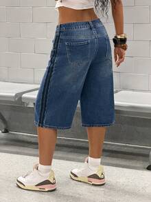 StreetHx 时尚休闲拼接条纹低腰牛仔短裤 - 中等水洗藍 - 查看 2