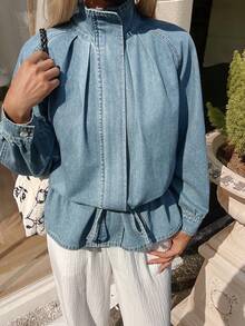 DAZY 女士立领收腰宽松休闲牛仔夹克外套 - 中等水洗藍 - 查看 6