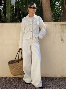 DAZY Women's Casual Denim Suit - Collared Top And Pants - White - View 7