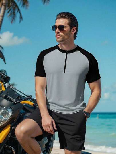 CoralVoy Top à demi-zip col rond à manches courtes pour hommes, chemise de plage décontractée et polyvalente offrant une protection solaire
