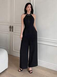 DAZY 女士优雅无袖撞色蕾丝吊带连体裤，搭配阔腿裤，适合春秋季穿着 - 黑色 - 查看 5