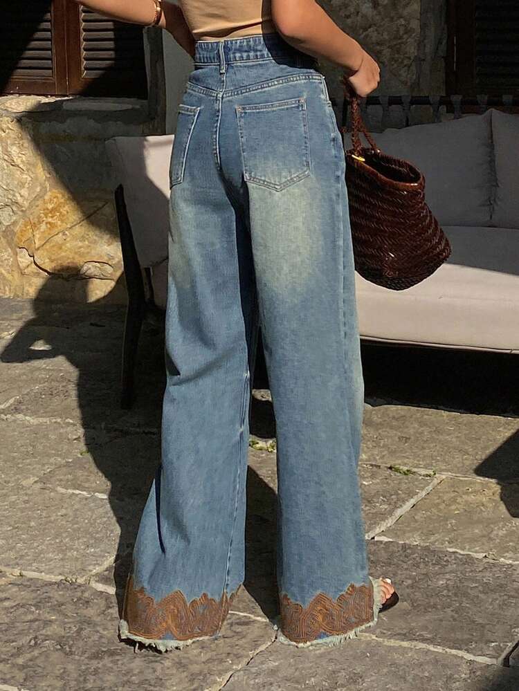 Women's Elegant Western Cowgirl Distressed Patchwork Floral Trim Flared Jeans, Suitable For Spring And Autumn Y2k