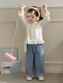 DAZY 女童春夏刺绣休闲宽松阔腿牛仔裤 - 淺色水洗藍 - 查看 2