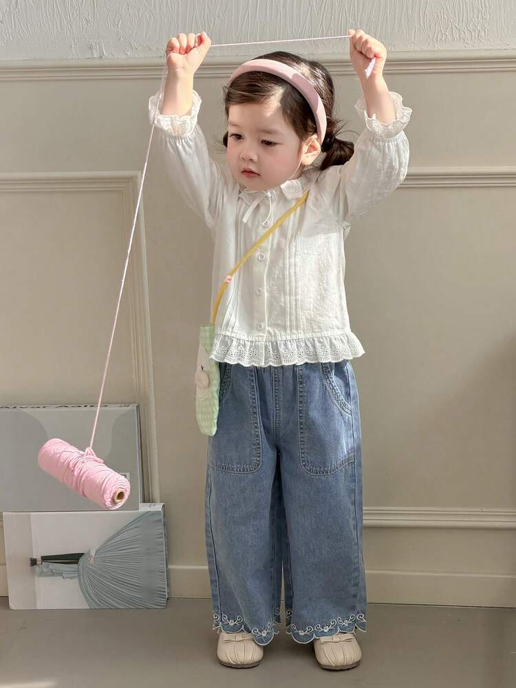 Toddler Girls' Spring/Summer Embroidered Casual Loose Wide-Leg Jeans