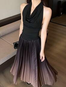 DAZY Women's Ombre Fashionable Long Pleated Skirt, Summer - Coffee Brown - View 5