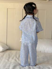 DAZY Bộ đồ ngủ 2 mảnh thoải mái kiểu Hàn Quốc cổ bẻ in hình hoạt hình cún con cho bé gái - Màu xanh nhạt - Xem 7