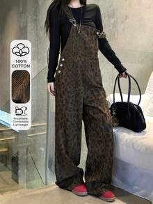 DAZY 女士豹纹长款休闲牛仔背带裤和连体裤 - 棕色 - 查看 1
