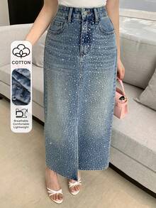 DAZY Women's Casual Rhinestone Embellished Straight Cut Slit Denim Skirt, Spring/Summer - Blue - View 1
