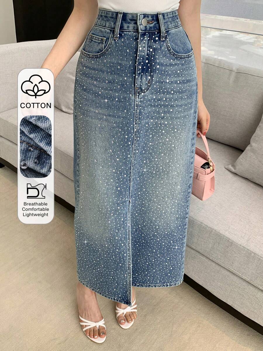 DAZY Women's Casual Rhinestone Embellished Straight Cut Slit Denim Skirt, Spring/Summer - Blue - View 1