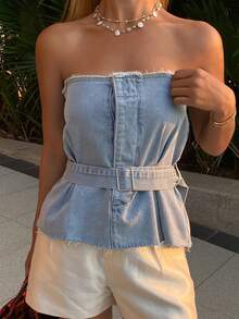 Livesso 女士棉质毛边下摆牛仔衬衫，夏季 - 淺色水洗藍 - 查看 5