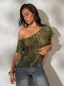 Aloruh 女士春夏新款上衣，Y2K性感透视宽松T恤，植绒印花，斜肩设计，适合夏季穿着。夏季服装，夏季穿搭，夏季度假装，夏季上衣，女士夏季上衣，单肩上衣，单袖上衣，休闲上衣，夏季波西米亚风女装上衣，单肩上衣，单侧上衣，夏季女士上衣 - 綠色 - 查看 2