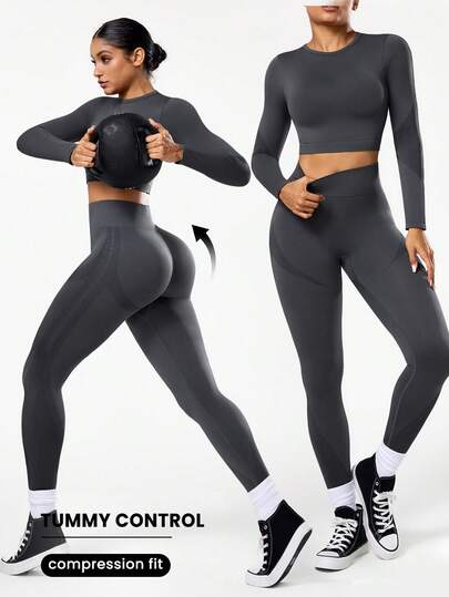 Seamluxe SHEIN Sport H1193 深灰色长袖短款修身舒适无缝运动服套装