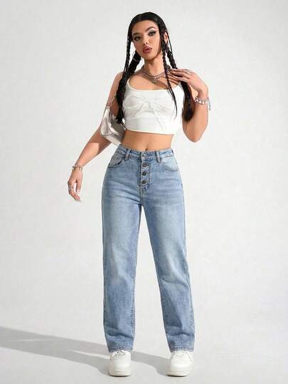 Pantalón femenino casual tipo jeans  de tiro alto con botones diseño minimalista ajuste regular sin cuello sin mangas primavera verano uso diario pantalón