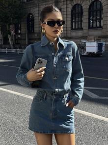 DAZY Polo领长袖连衣裙、高腰牛仔裙、Design Sense修身半身裙、女士牛仔连衣裙 - 中等水洗藍 - 查看 5