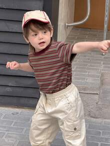 DAZY Toddler Boys' Round Neck Striped Korean Style T-Shirt, Spring/Summer - Coffee Brown - View 4