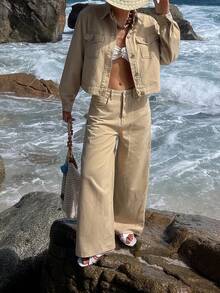 DAZY 女士休闲口袋夹克搭配阔腿牛仔裤套装，春季 - 杏色 - 查看 8