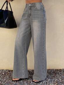 Livesso Women's Casual High Waist Loose Fit Wide Leg Washed Denim Jeans, Versatile For Daily Commute - Grey - View 7