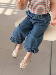 DAZY 女婴休闲日常通勤时尚撞色蕾丝弹力腰荷叶边宽松阔腿牛仔裤幼儿女童服装 - 深色水洗藍 - 查看 3