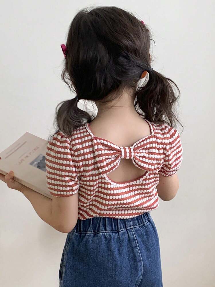 Tween Girls' Round Neck Striped Knit Bow Decor Short Sleeve T-Shirt, Fall Clothes Summer