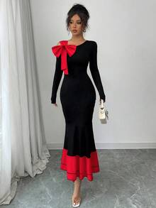 Elenzga 女士撞色蝴蝶结装饰露肩优雅收腰长袖鱼尾连衣裙，适合派对和活动 - 紅色 - 查看 5