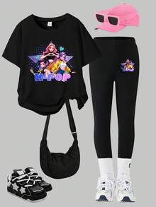 2pcs/Set KPOP Graphic Print Top, Tween Girl Crew Neck Sweatshirt And Leggings Set, Fashionable Casual, Suitable For Autumn/Winter - Black - View 2