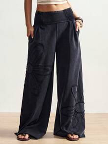 Bohemela Pantalones anchos de mujer de punto de unicolor casual con aplicación floral - Negro - Ver 4