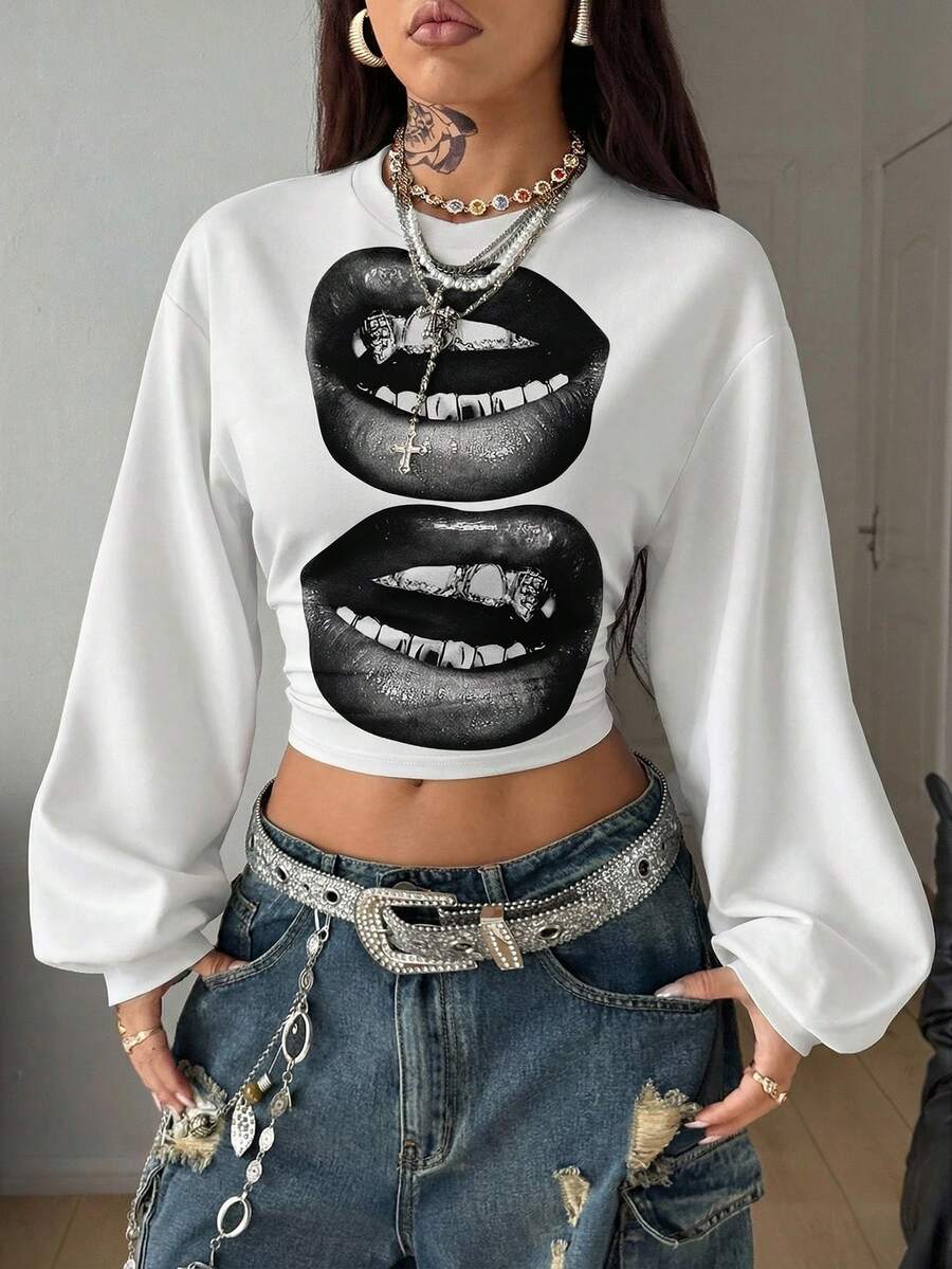 Coolane Casual Minimalist Street Style Black White Gray Lip Print Pattern Women's Thick Fleece Sweatshirt, Suitable For Autumn/Winter - Multicolor - View 1